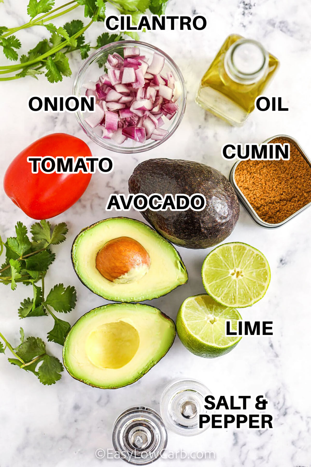 onion , cilantro , oil , tomato , avocado , cumin , lime , salt and pepper with labels to make Avocado Salsa