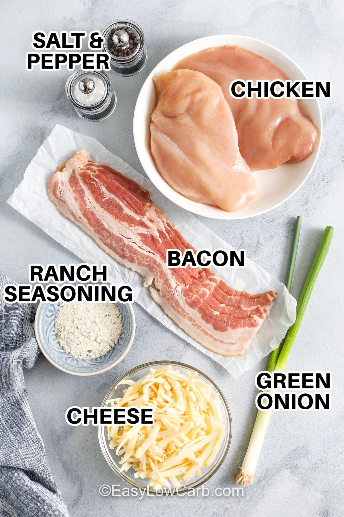 chicken , bacon , ranch seasoning , cheese , green onion , salt and pepper with labels to make Bacon Ranch Chicken
