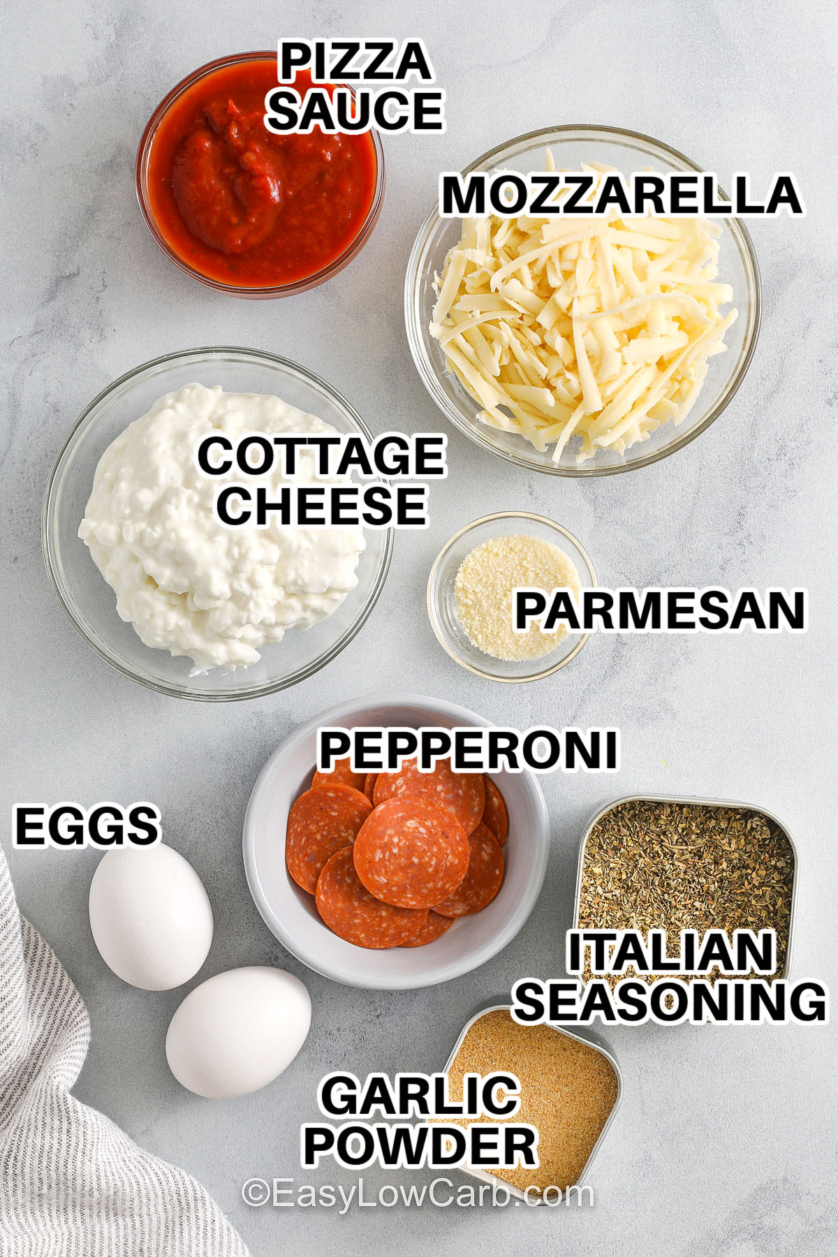 cottage cheese , pizza sauce , mozzarella , parmesan , pepperoni , eggs , italian seasoning , garlic powder with labels to make Cottage Cheese Pizza