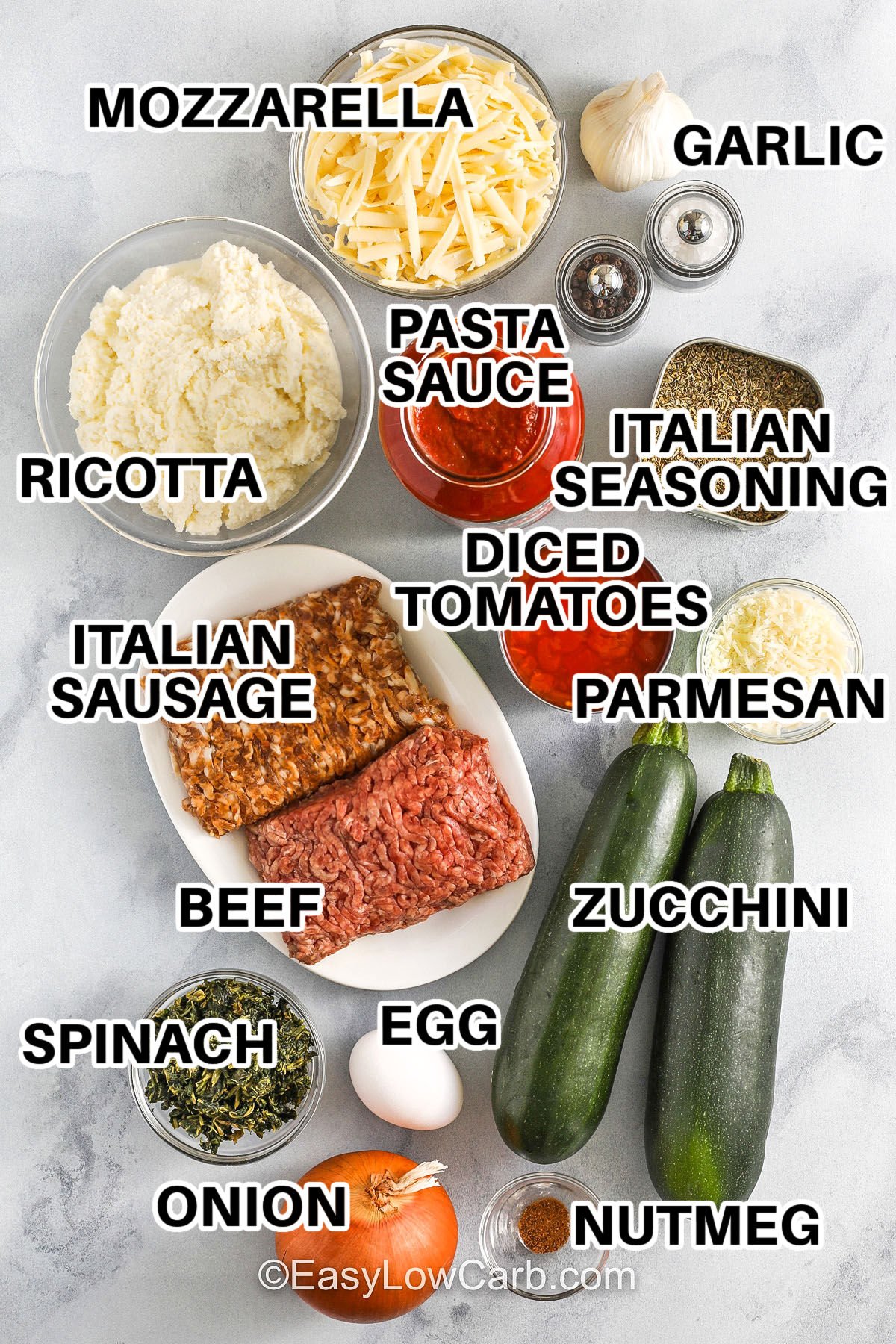 italian sausage , beef , spinach , ricotta , mozzarella , pasta sauce , garlic , Italian seasoning , diced tomatoes , parmesan , zucchini , egg , nutmeg , onion , egg with labels to make Zucchini lasagna recips.