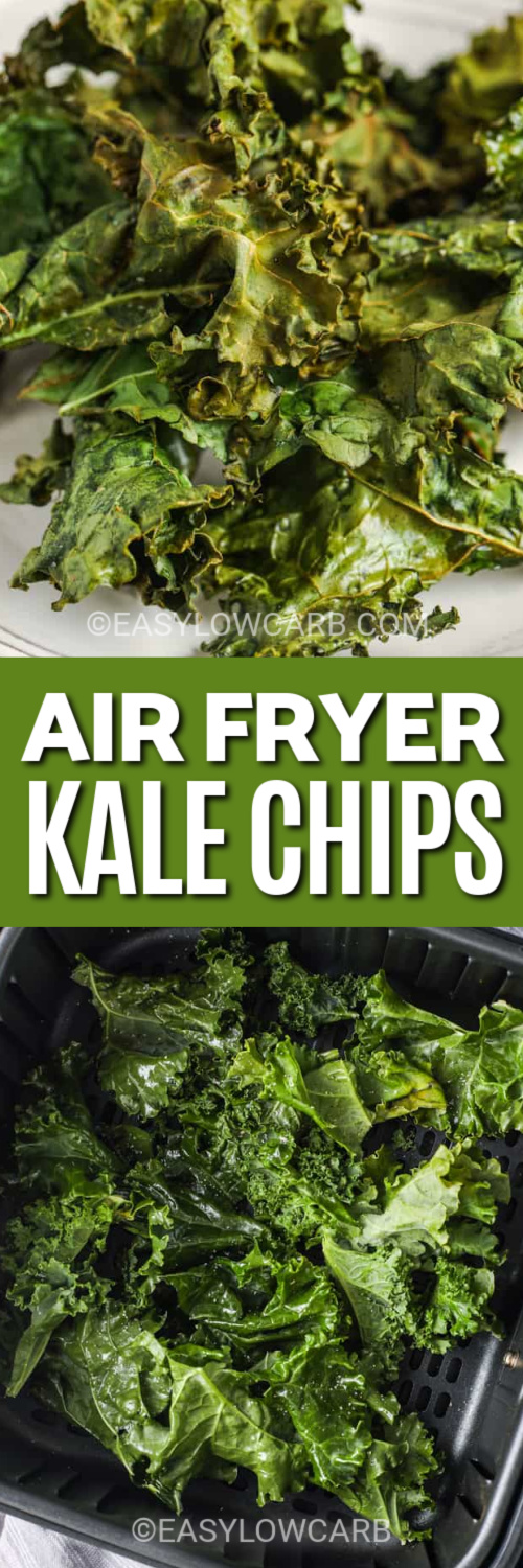 air fryer kale chips and uncooked kale with text