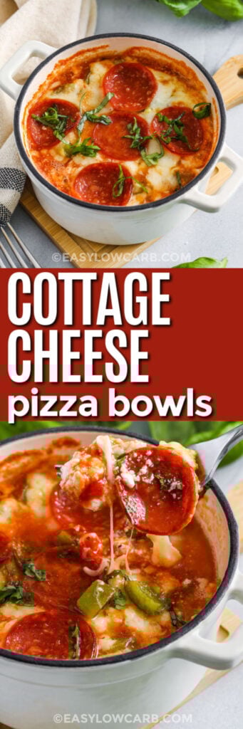 Cottage Cheese Pizza in the dish and close up photo with a title
