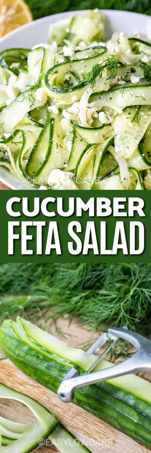 cucumber feta salad and ingredients with text