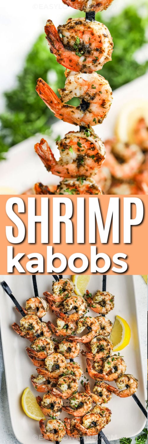 Grilled Shrimp Kabobs Recipe on a plate and close up with a title