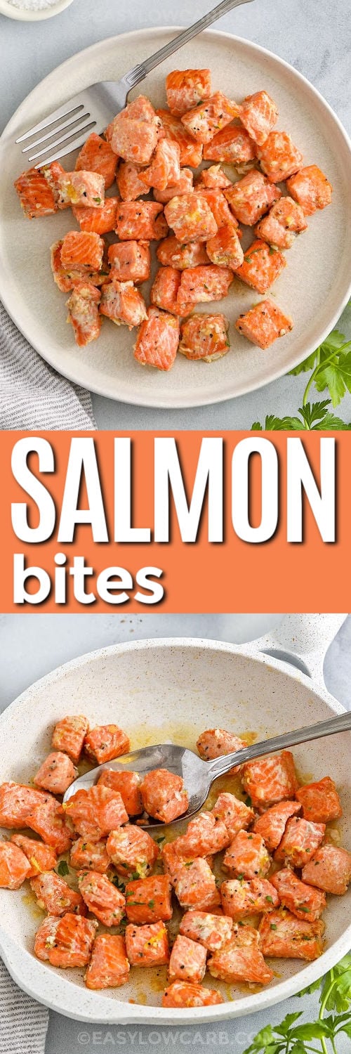 Salmon Bites Recipe on a plate and close up photo with a title