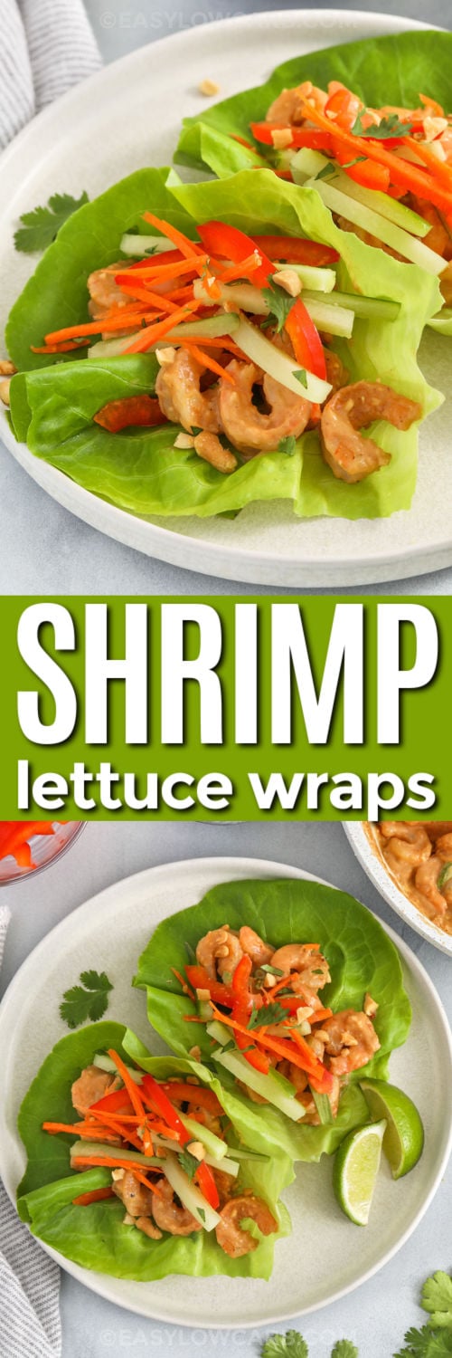 plated Shrimp Lettuce Wraps and close up photo with a title