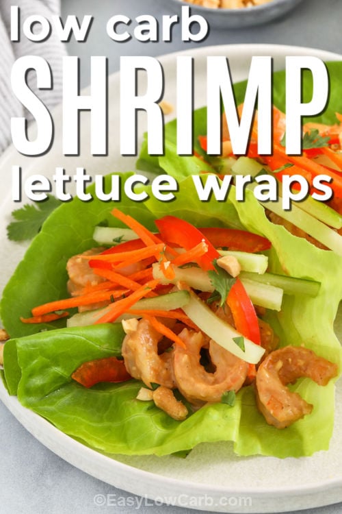 close up of low carb Shrimp Lettuce Wraps with writing
