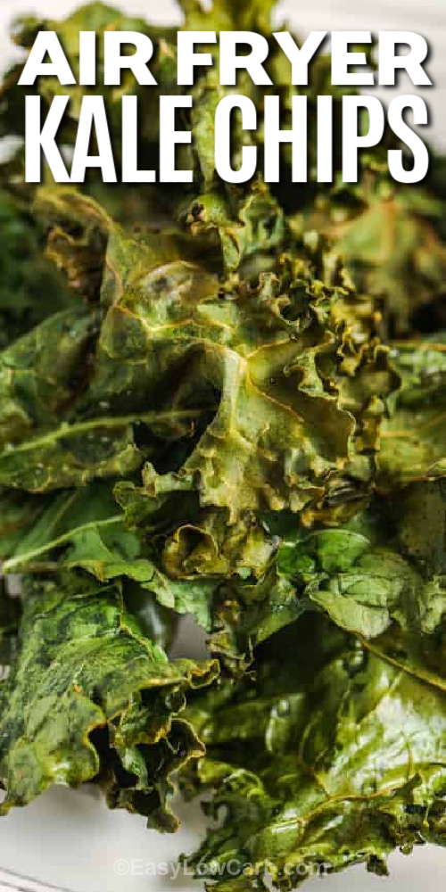 air fryer kale chips on a plate with text