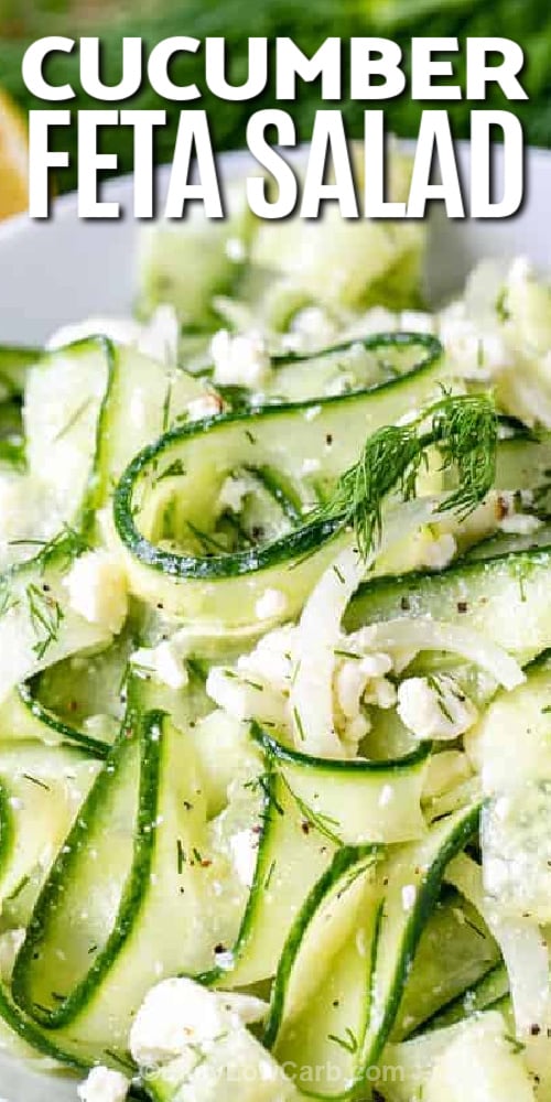 cucumber feta salad in a bowl with text