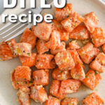 plated Salmon Bites Recipe with writing