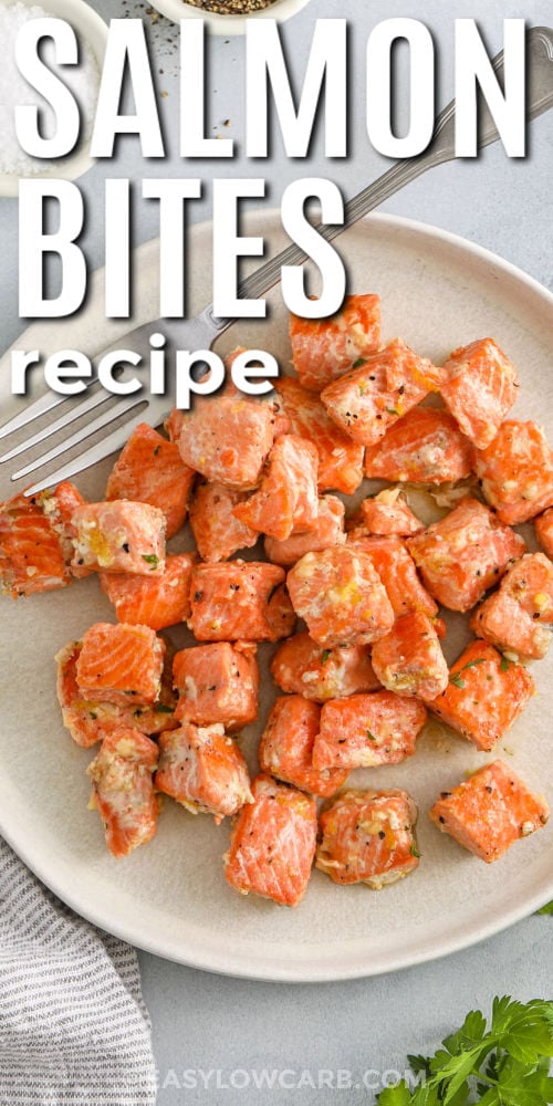 plated Salmon Bites Recipe with writing