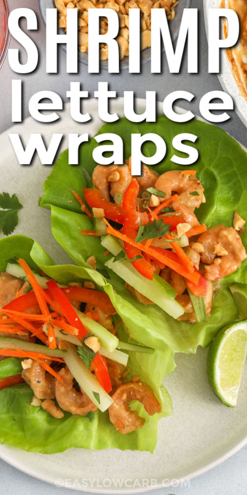 fresh Shrimp Lettuce Wraps on a plate with writing