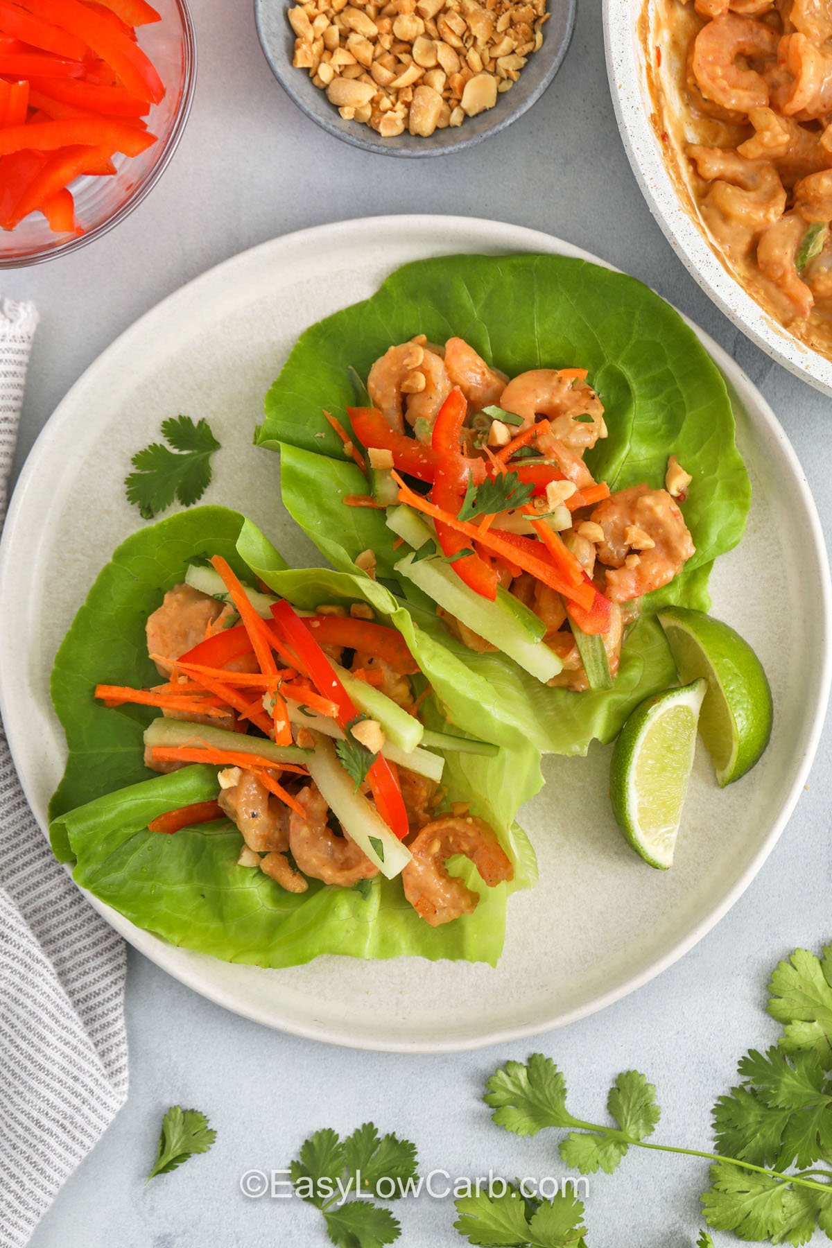 top view of Shrimp Lettuce Wraps on a plate
