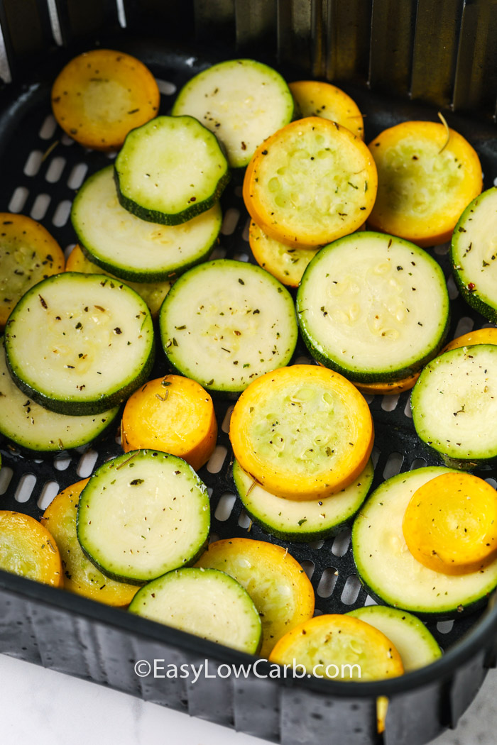 adding seasoned summer squash to air fryer to make Air Fryer Squash