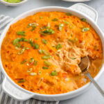 Cottage Cheese Buffalo Chicken Dip in a dish with a spoon