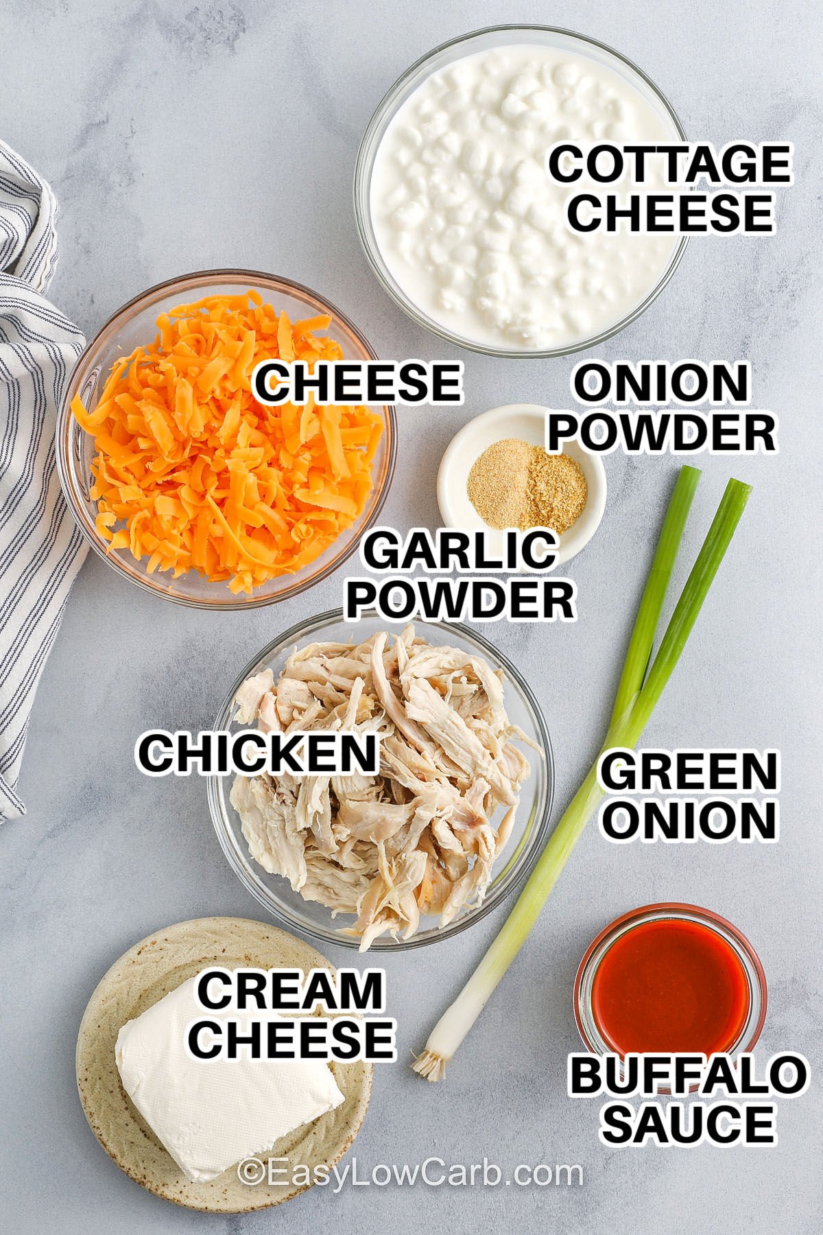 cottage cheese , cheese , onion powder , garlic powder , chicken , cream cheese , buffalo sauce , green onions with labels to make Cottage Cheese Buffalo Chicken Dip