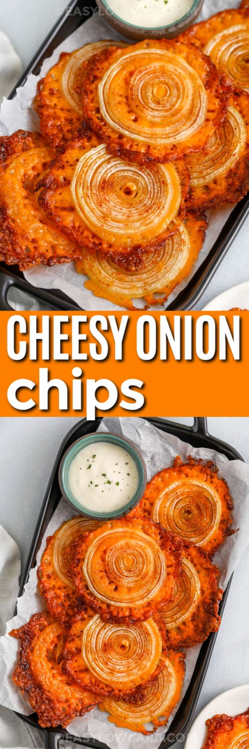 plated Onion Cheese Chips with dip and close up photo with a title