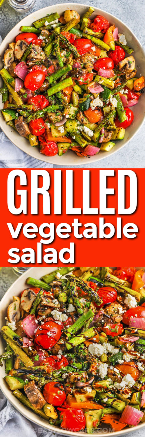 Grilled Vegetable Salad in a bowl and close up with a title