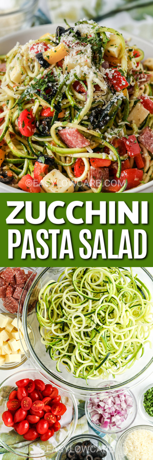 zucchini pasta salad and ingredients with text