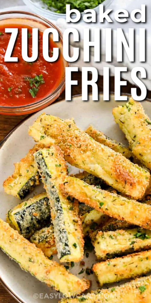 plated Baked Zucchini Fries with marinira sauce dip with writing