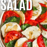 fresh plated Caprese Salad Recipe with a title