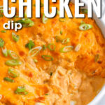 close up of Cottage Cheese Buffalo Chicken Dip with a portion taken out with writing