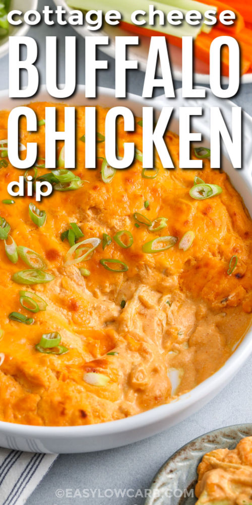 close up of Cottage Cheese Buffalo Chicken Dip with a portion taken out with writing