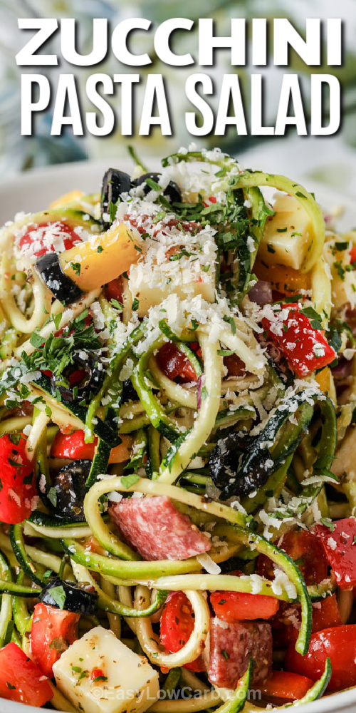 zucchini pasta salad in a bowl with text