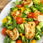 close up of Halloumi Salad with avocado