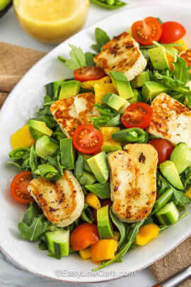 close up of Halloumi Salad with avocado
