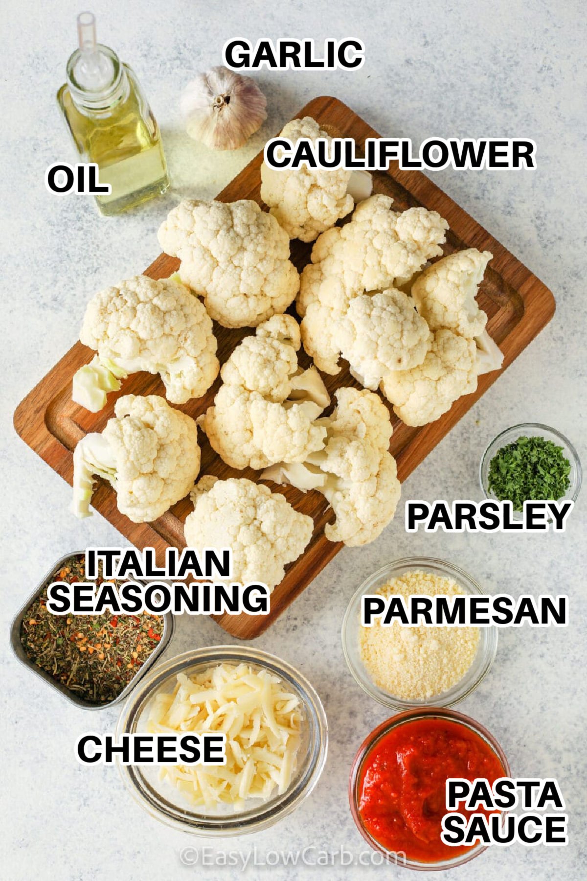 oil , garlic , cauliflower , parsley , italian seasoning , cheese , parmesan , and pasta sauce with labels to make Cauliflower Parmesan