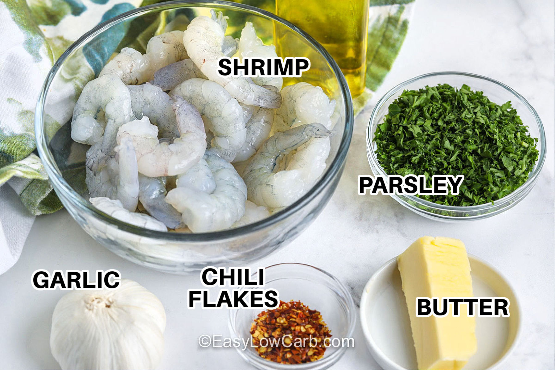 shrimp , parsley , butter , chili flakes , garlic with labels to make Garlic Butter Shrimp Recipe