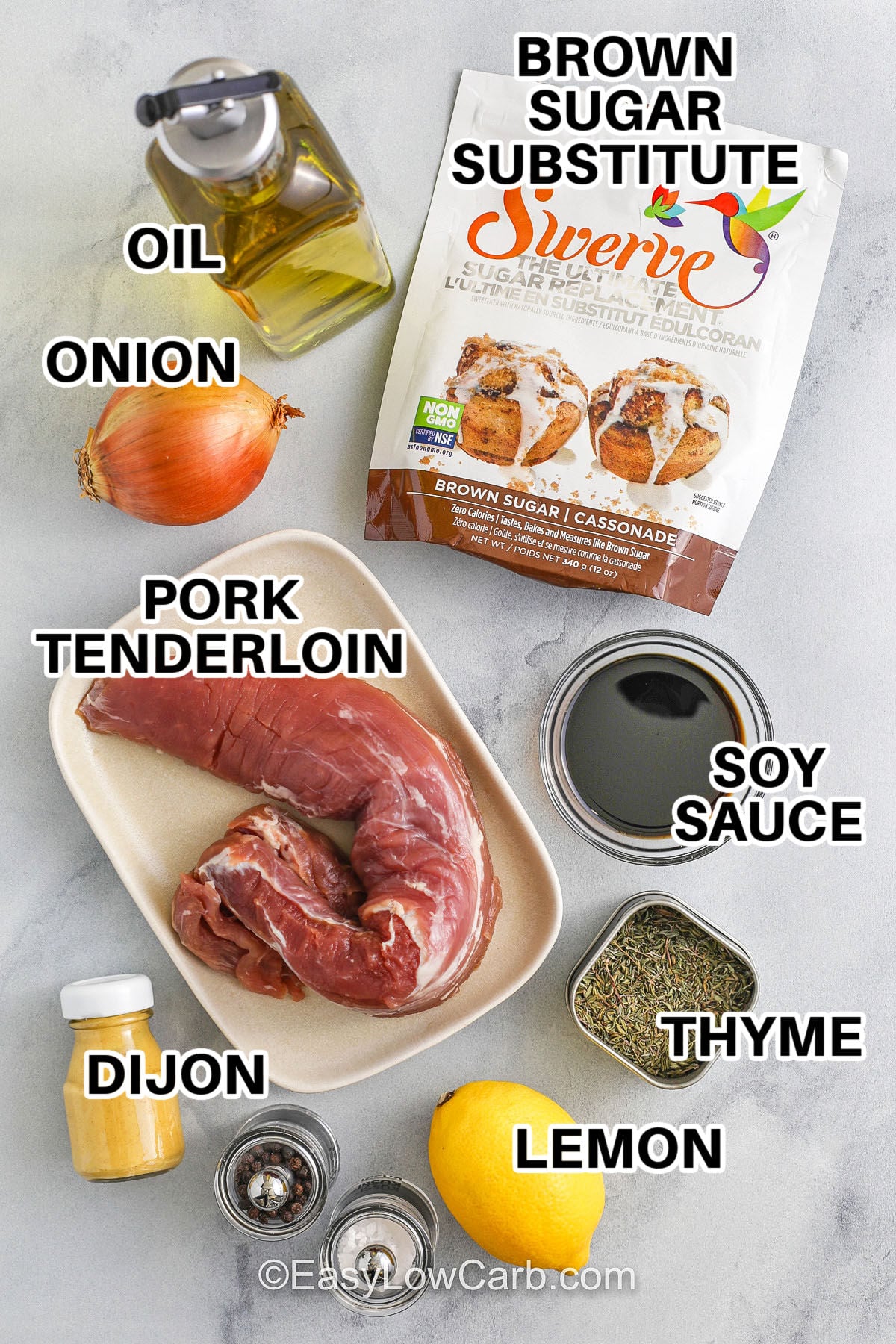 With its savory marinade and smoky char, this grilled pork tenderloin recipe is as flavorful as it is easy. The pork grills to perfection—tender inside, crisp outside—while a touch of sugar-free jam creates a delicious glaze. Serve with fresh greens, grilled veggies, or cauliflower mash for a balanced low-carb dinner that feels gourmet yet simple. #easylowcarb oil, onion , brown sugar substitute, pork tenderloin , soy sauce , thyme, lemon , dijon with labels to make Grilled Pork Tenderloin