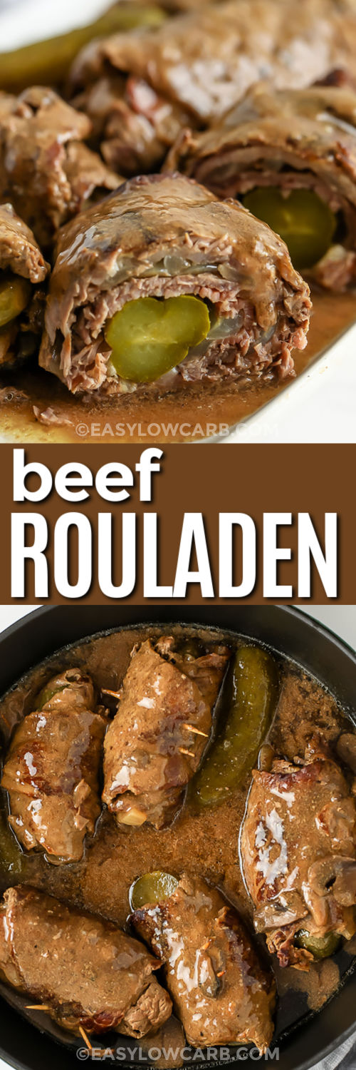 Beef Rouladen in the pan and plated with a title