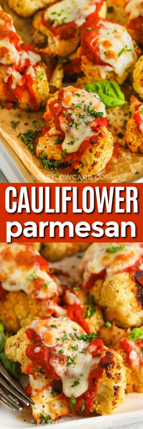 Cauliflower Parmesan on the sheet pan and plated with a title