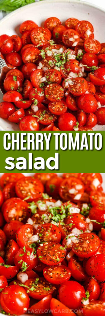 Cherry Tomato Salad in a bowl and close up photo with a title