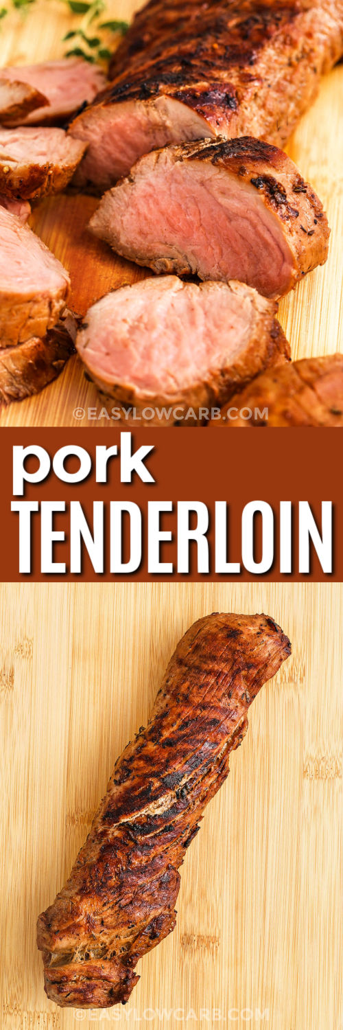 Juicy, tender, and full of flavor, this grilled pork tenderloin recipe transforms a simple cut into something special. The savory marinade of soy sauce, lemon juice, mustard, and thyme locks in moisture while infusing it with flavor. Finish with a sugar-free apricot glaze for a hint of sweetness. A low-carb dinner winner for summer cookouts or cozy family meals. #easylowcarb Grilled Pork Tenderloin on a cutting board and close up of tenderloin cut into slices with a title