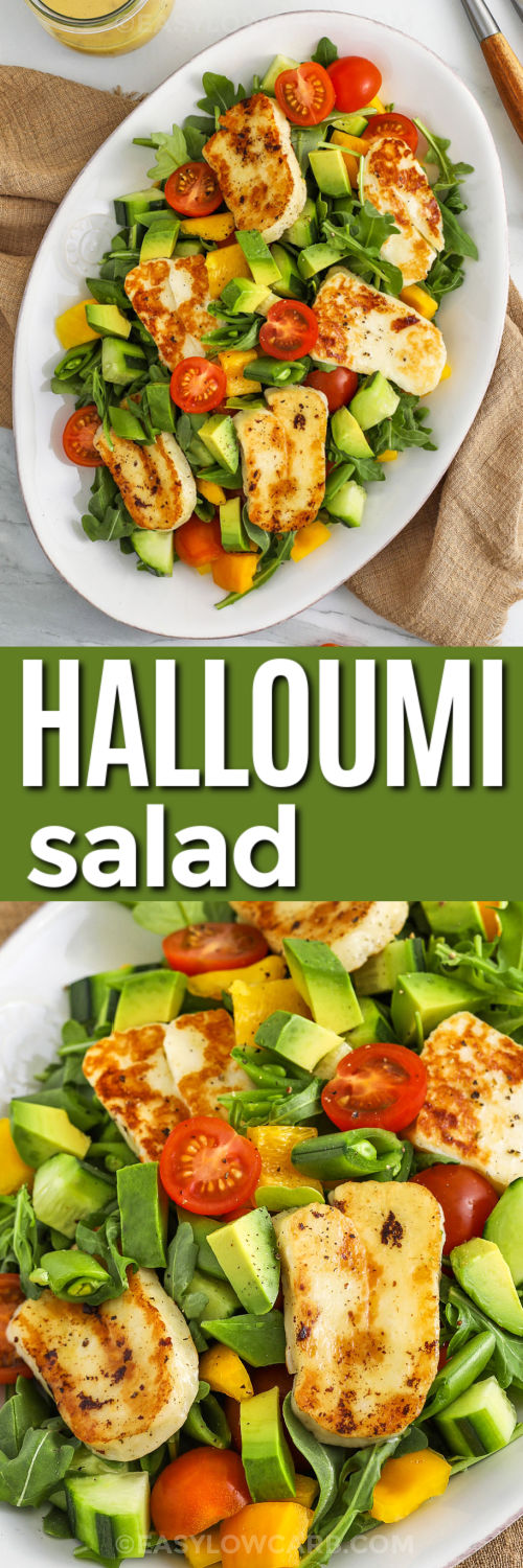 Halloumi Salad on a plate and close up photo with a title