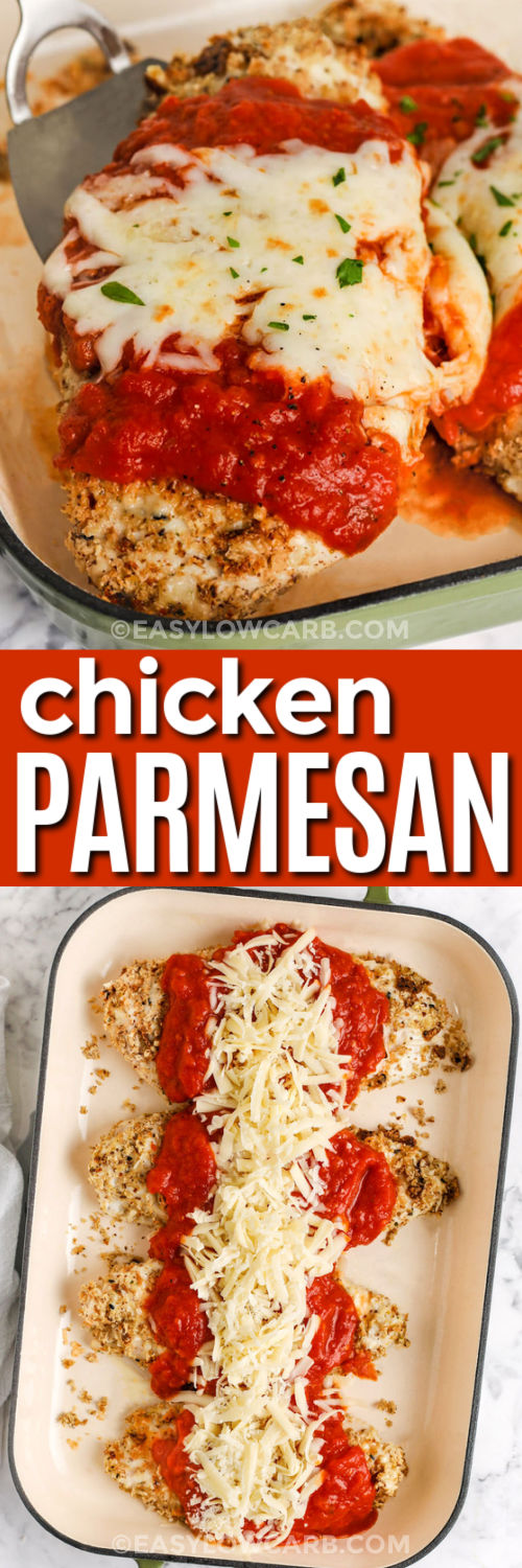 Oven baked chicken Parmesan is the ultimate low carb dinner that doesn’t skimp on taste or texture. The crispy Parmesan crust locks in moisture, keeping every bite juicy and flavorful. Smothered in rich tomato sauce and topped with bubbling mozzarella, it’s a comforting meal you can feel good about. Pair with zucchini noodles, spaghetti squash, or a crisp salad for a complete plate. #easylowcarb Oven Baked Chicken Parmesan in the dish before baking and cooked dish with a title