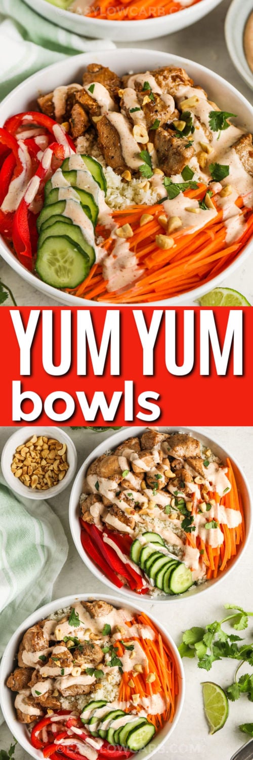refreshing Yum Yum Bowl with sauce and top view of bowls with a title