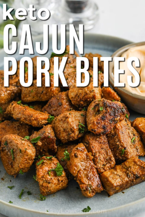 keto Cajun Pork Bites on a plate with a title