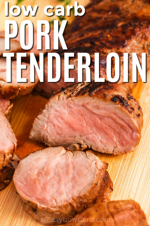 This grilled pork tenderloin recipe delivers tender, juicy meat with irresistible smoky flavor. Marinated in soy sauce, lemon juice, Dijon mustard, and thyme, the pork soaks up layers of savory goodness before hitting the grill. Perfect for low-carb eating, it’s delicious on its own or served with fresh veggies. A sugar-free apricot glaze adds a hint of sweetness without the carbs. #easylowcarb low carb Grilled Pork Tenderloin cut into slices with writing