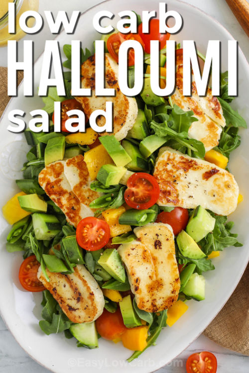 low carb Halloumi Salad with writing