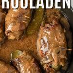 rich and tangy Beef Rouladen in a pot with writing