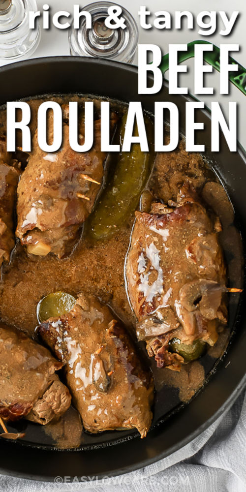 rich and tangy Beef Rouladen in a pot with writing