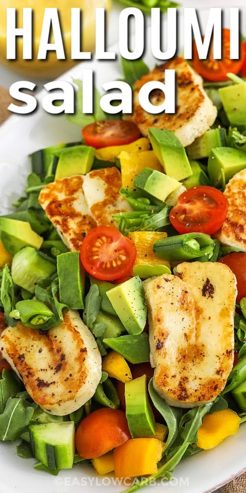 close up of plated Halloumi Salad with a title