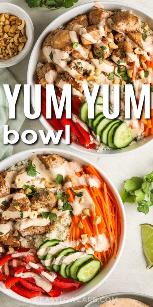 plated dishes of Yum Yum Bowl with writing