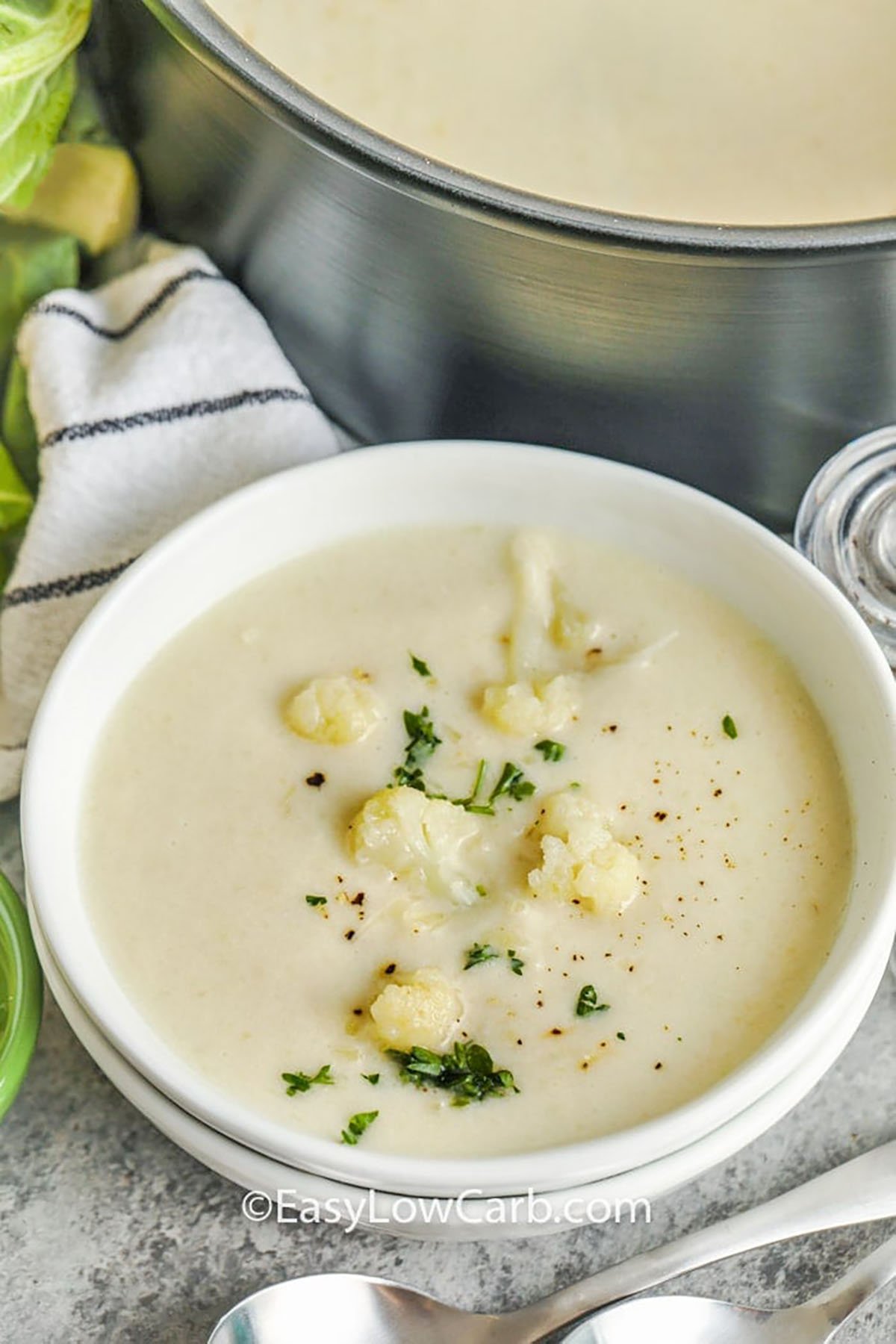 Packed with fresh ingredients, creamy cauliflower soup is a wholesome meal that’s quick and satisfying. Cauliflower is simmered with chicken broth, onion, garlic, and celery, then blended with cream cheese for richness. A hint of herbs and garnishes like chives and parsley gives it a fresh finish. It’s budget-friendly, family-approved, and great as a starter or main course. #easylowcarb bowl of Creamy Cauliflower Soup with pot full