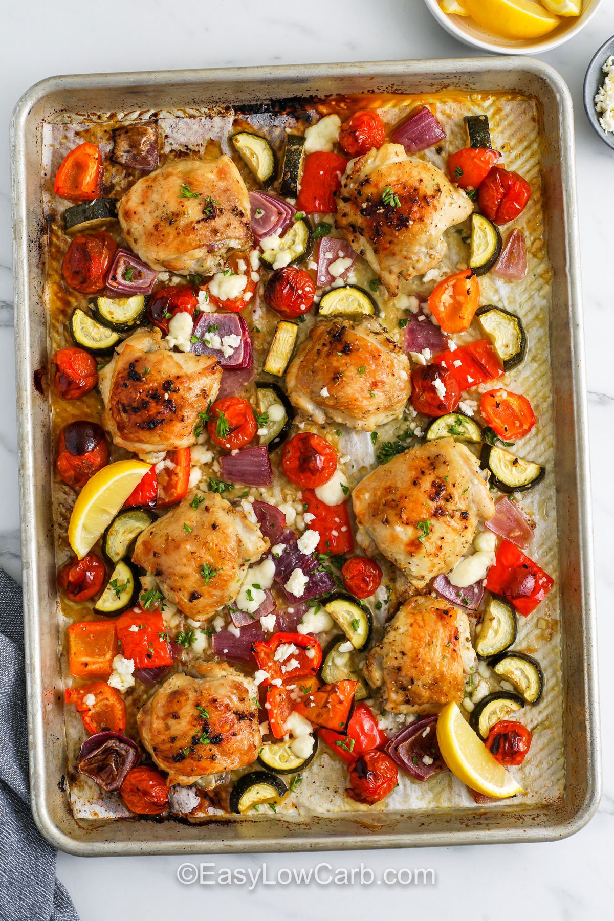 Greek Sheet Pan Chicken cooked on the sheet pan