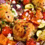 close up of Greek Sheet Pan Chicken and veggies